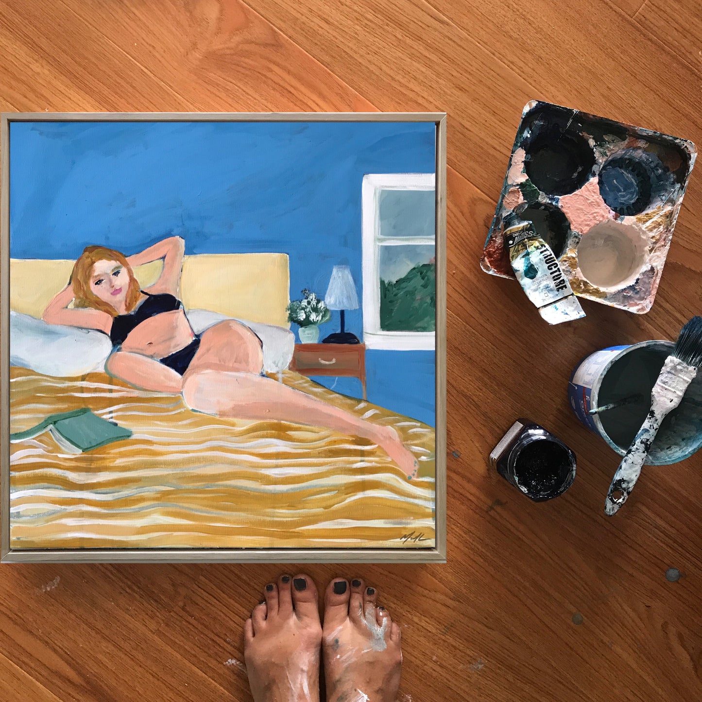 Girl With Mustard Striped Sheets